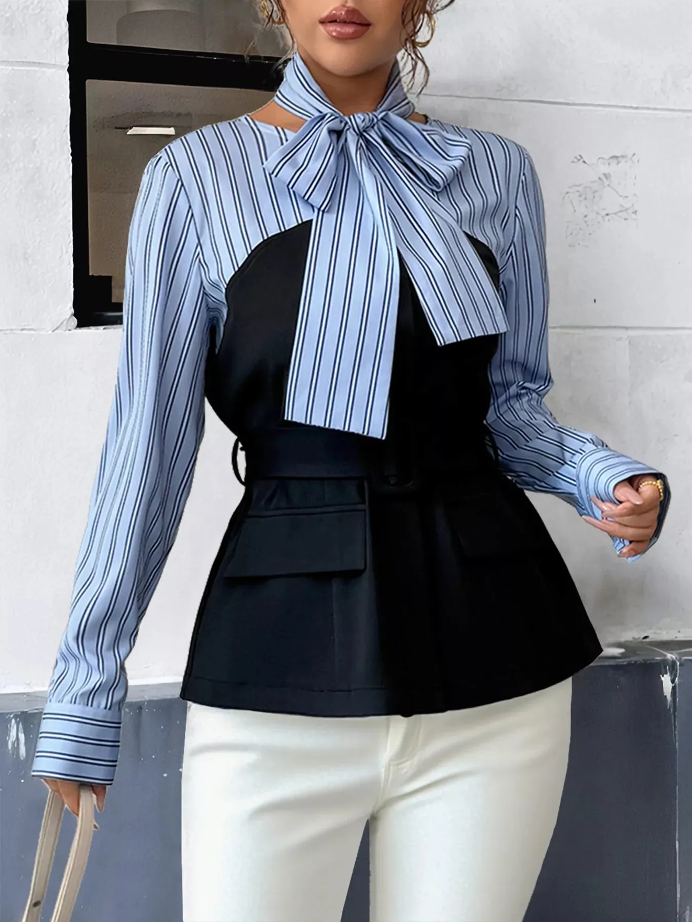 Striped Long Sleeve Blouse with Bow Tie sold by Charming Charlie product image thumbnail 3