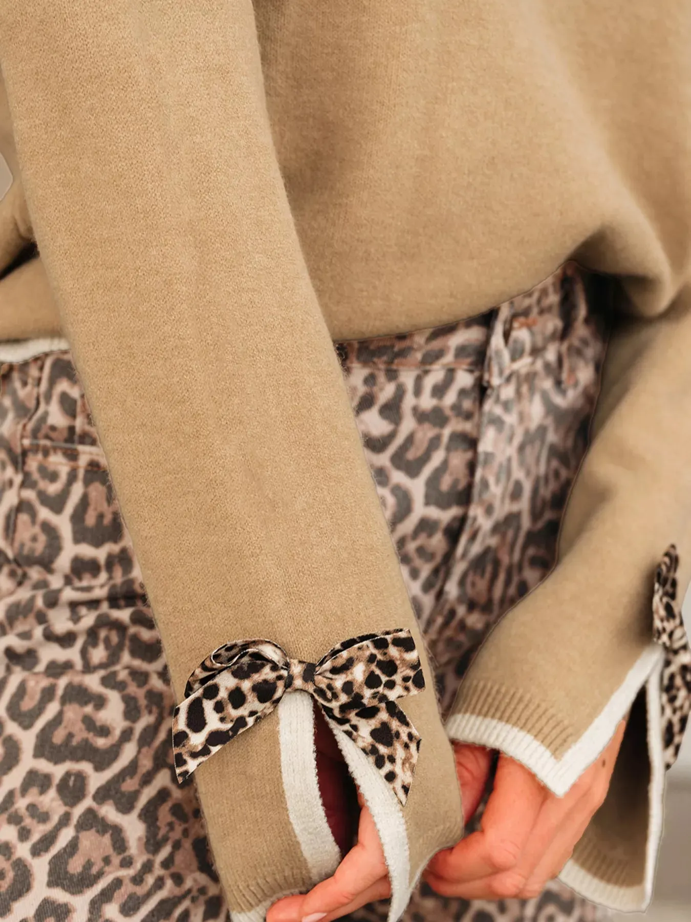 Leopard Bow Decor Split Cuff Contrast Trim Sweater sold by Charming Charlie product image thumbnail 5