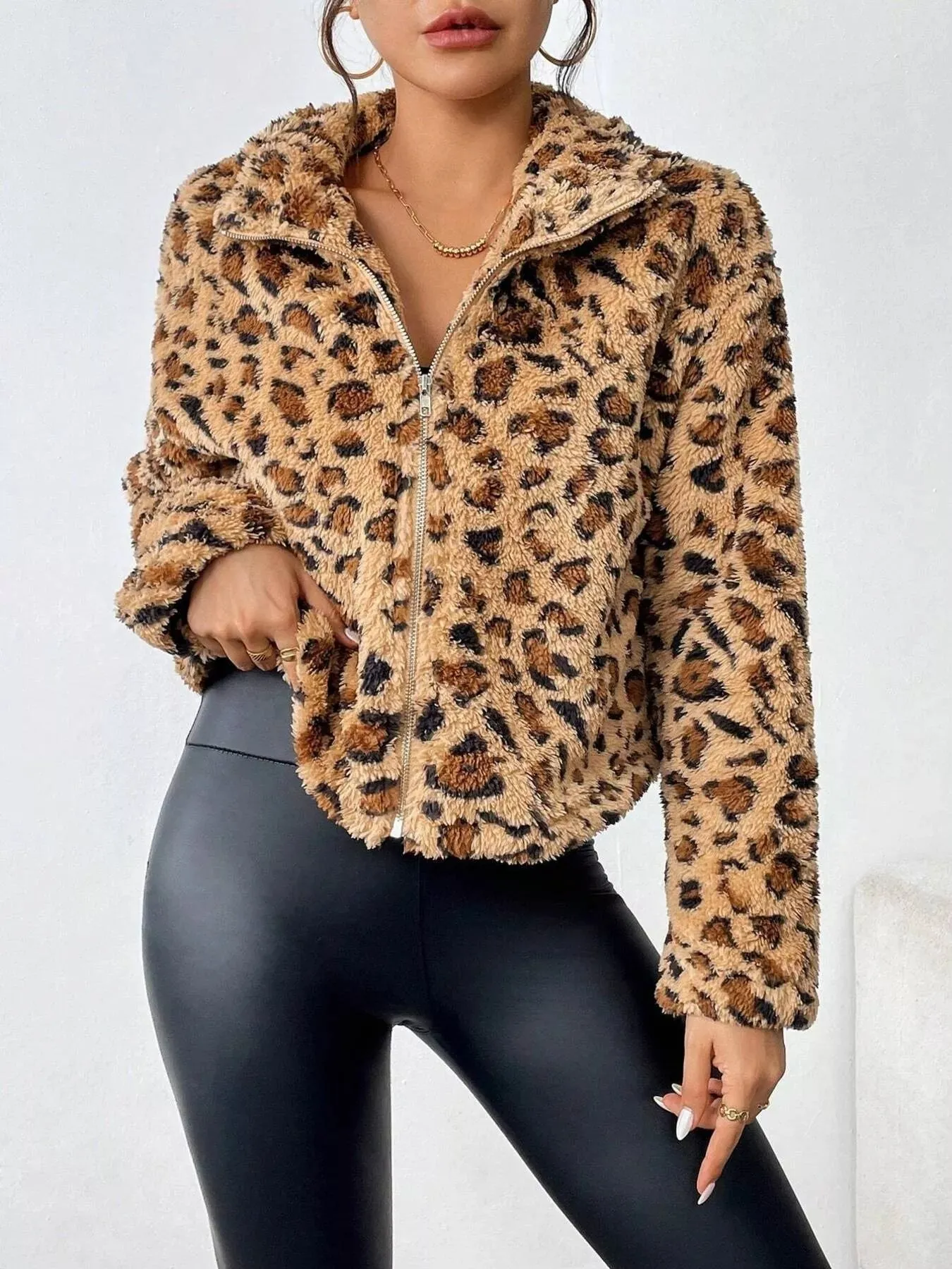 Leopard Fuzzy Zip-Up Jacket sold by Charming Charlie product image thumbnail 3
