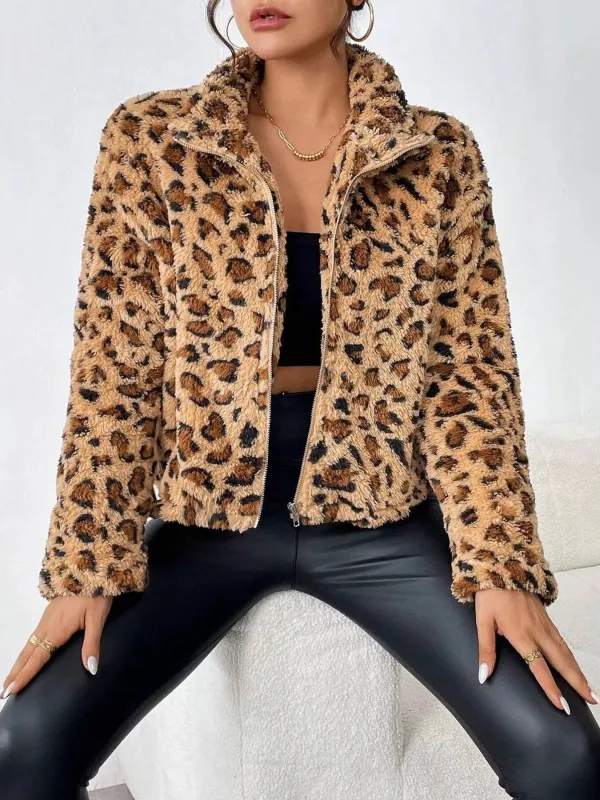 Leopard Fuzzy Zip-Up Jacket sold by Charming Charlie