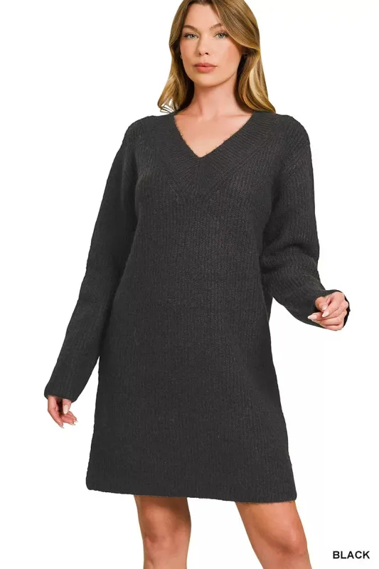 V-Neck Long Sleeve Ribbed Sweater Dress sold by Charming Charlie