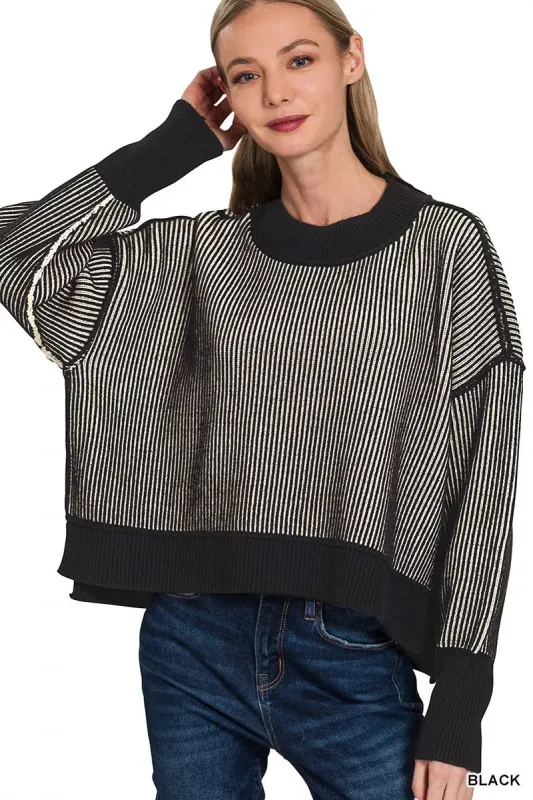 Zenana Ribbed Exposed Seam Two Tone Sweater sold by Charming Charlie