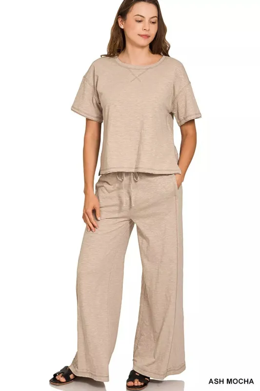 Zenana Cotton Slub Short Sleeve Tee and Pants Set sold by Charming Charlie