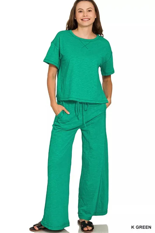 Zenana Cotton Slub Short Sleeve Tee and Pants Set made by Trendsi