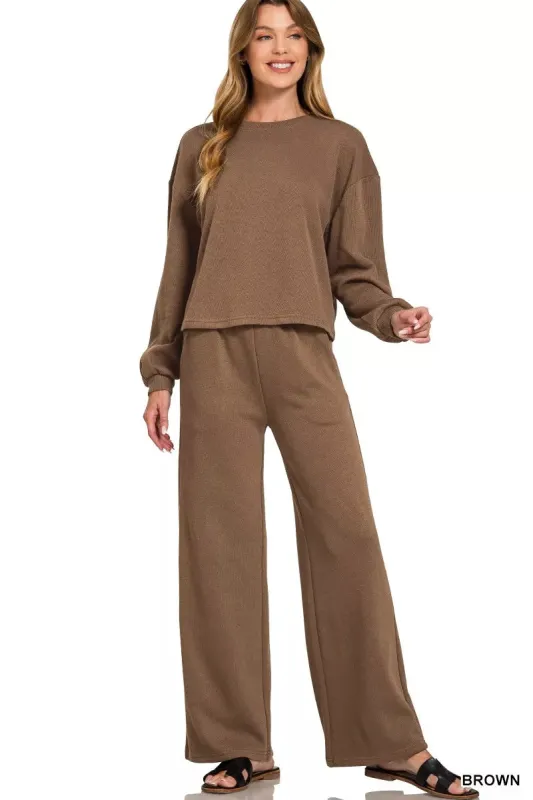 Zenana French Rib Pullover and Pants Set sold by Charming Charlie
