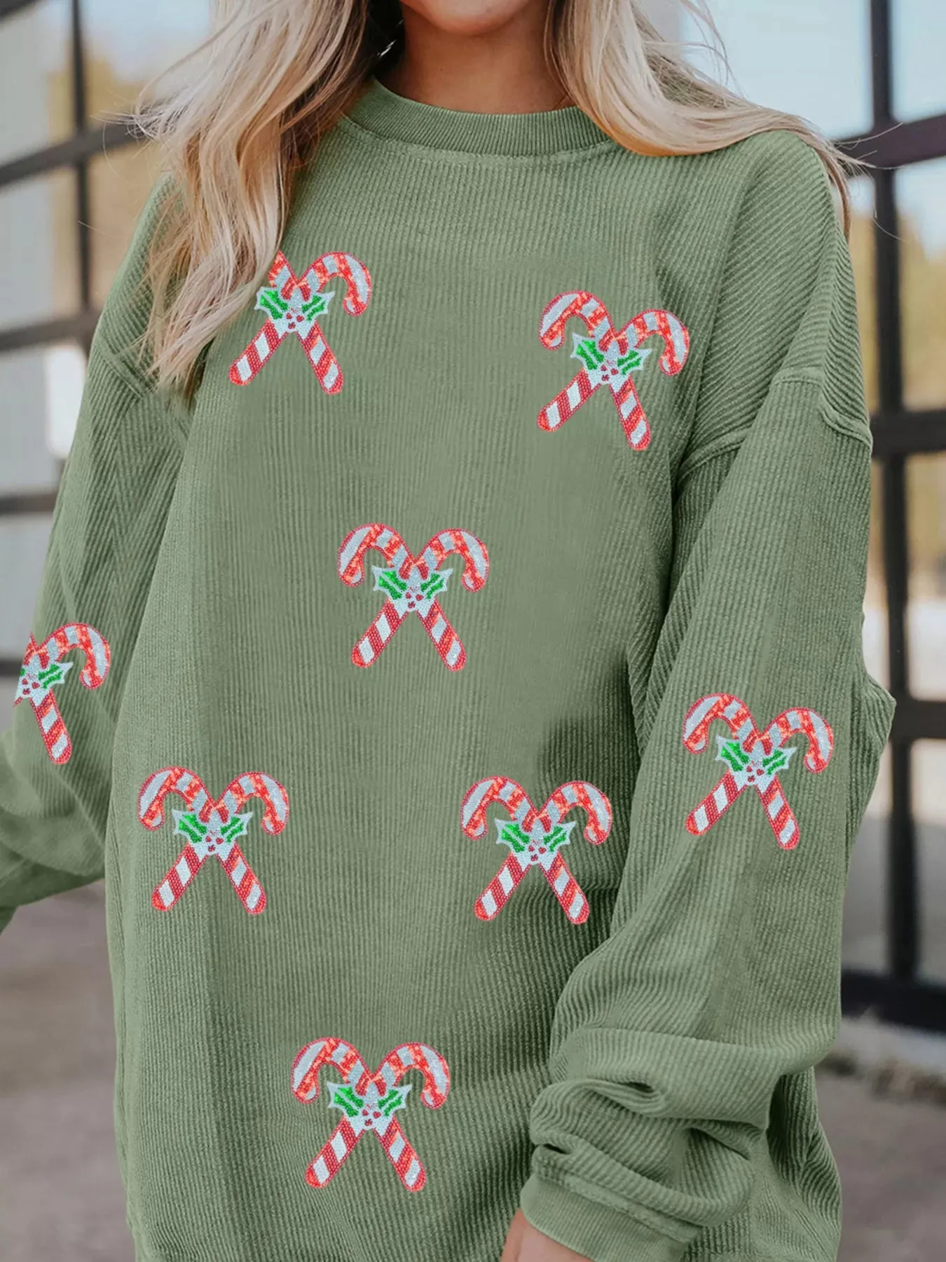 Candy Cane Shimmer Patched Corded Baggy Sweatshirt sold by Charming Charlie product image thumbnail 4