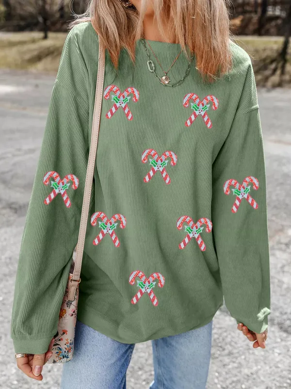 Candy Cane Shimmer Patched Corded Baggy Sweatshirt sold by Charming Charlie