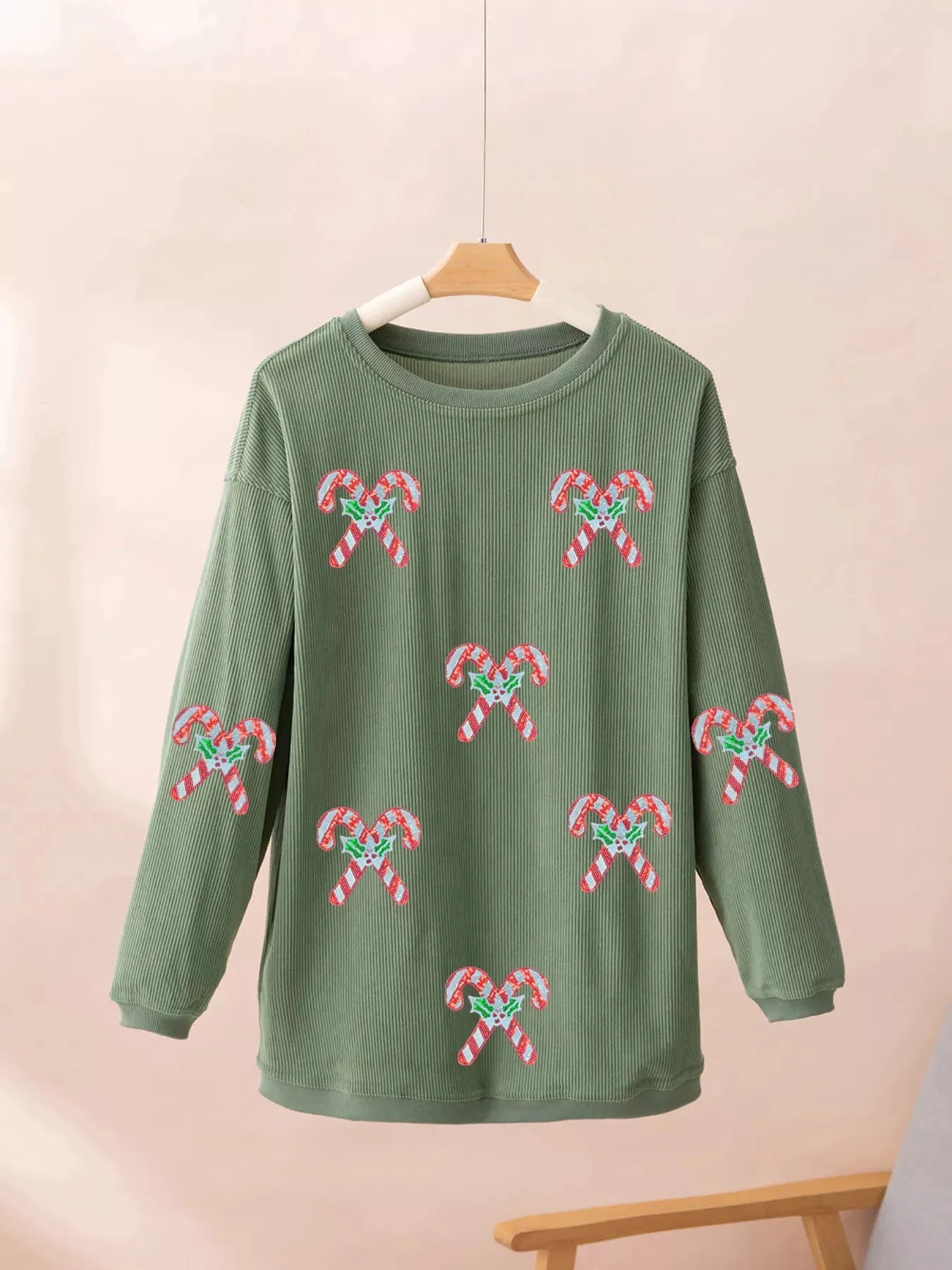 Candy Cane Shimmer Patched Corded Baggy Sweatshirt sold by Charming Charlie product image thumbnail 5