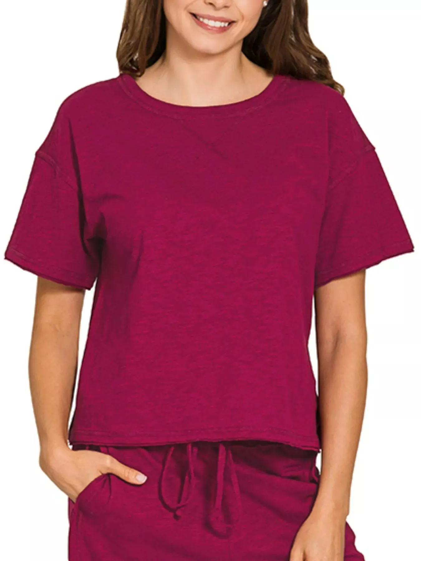 Zenana Cotton Slub Short Sleeve Tee and Pants Set sold by Charming Charlie product image thumbnail 3