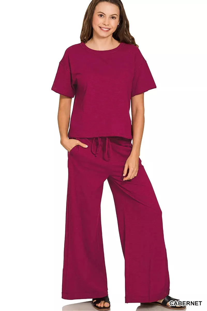 Zenana Cotton Slub Short Sleeve Tee and Pants Set sold by Charming Charlie