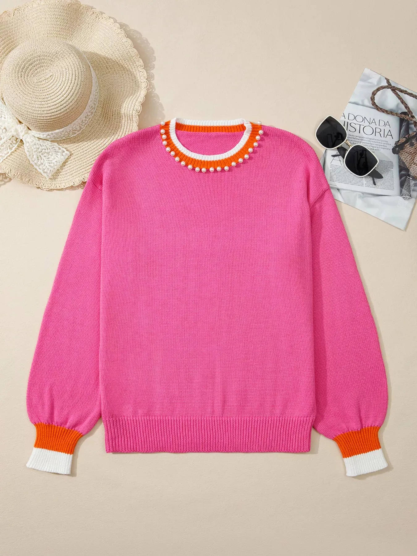 Contrast Crew Neck Pearled Decor Drop Shoulder Knit Sweater sold by Charming Charlie product image thumbnail 4