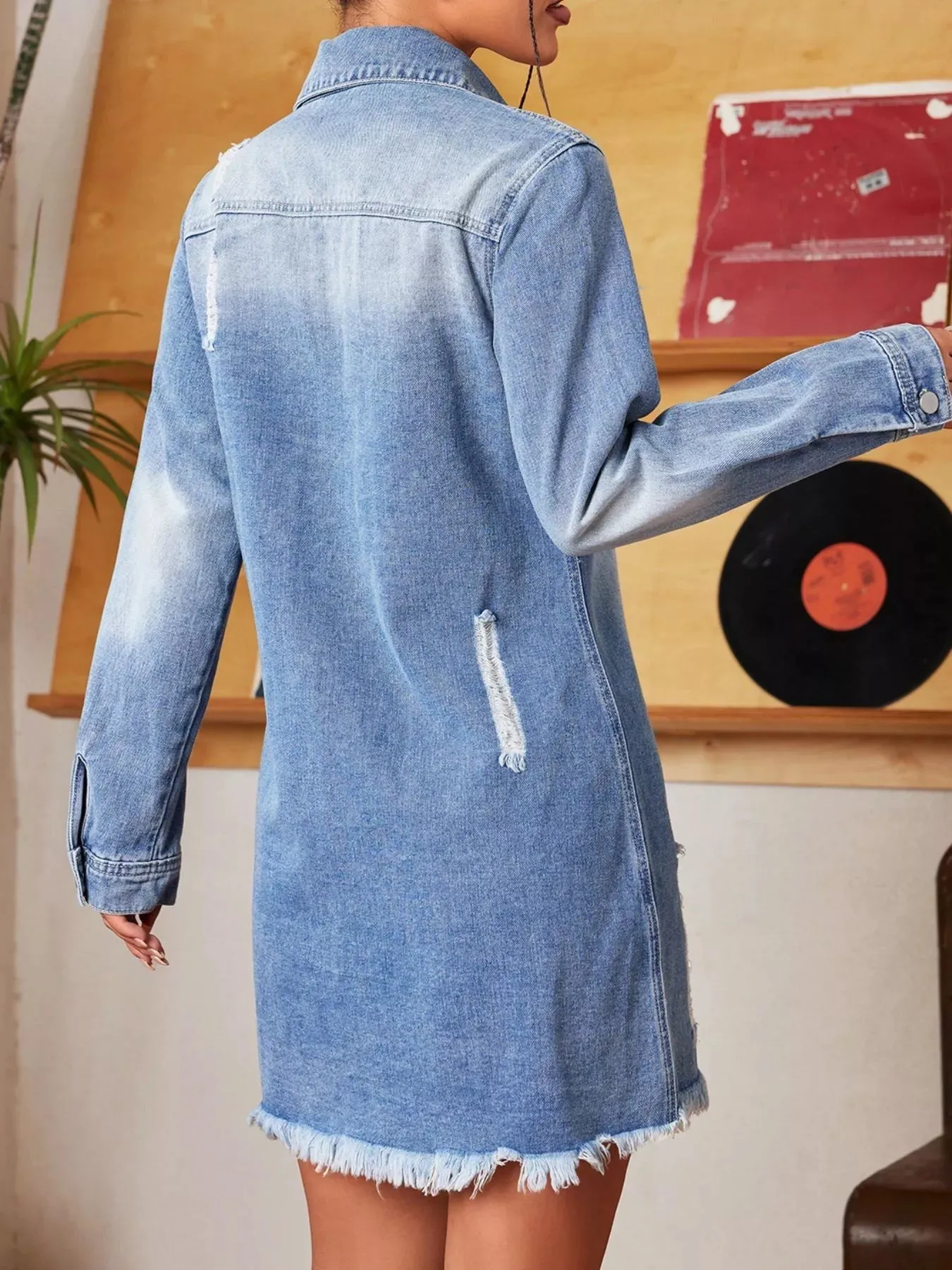 Distressed Raw Hem Denim Mini Dress sold by Charming Charlie product image thumbnail 3