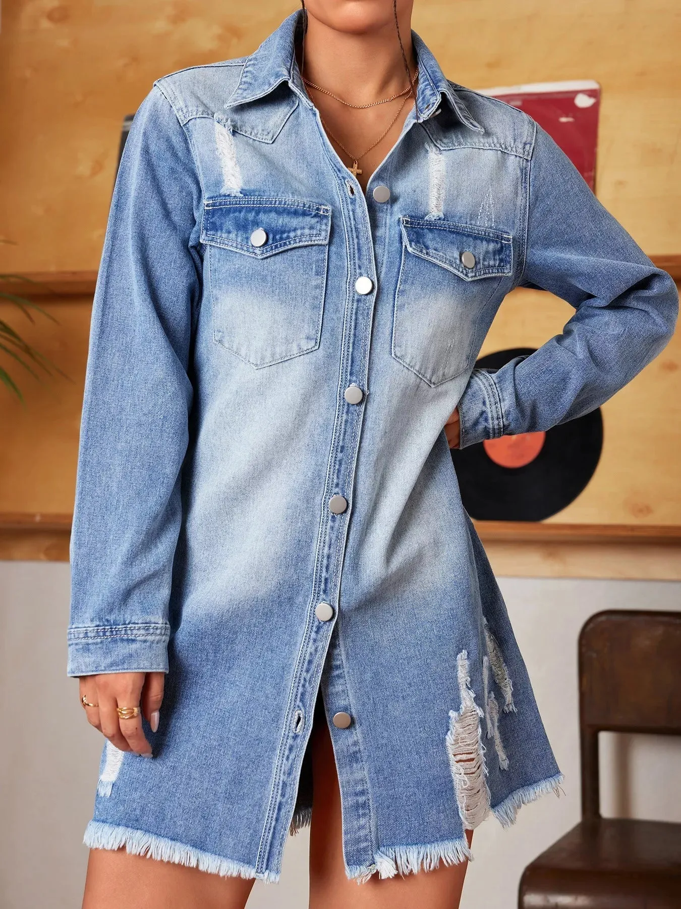 Distressed Raw Hem Denim Mini Dress sold by Charming Charlie product image thumbnail 4