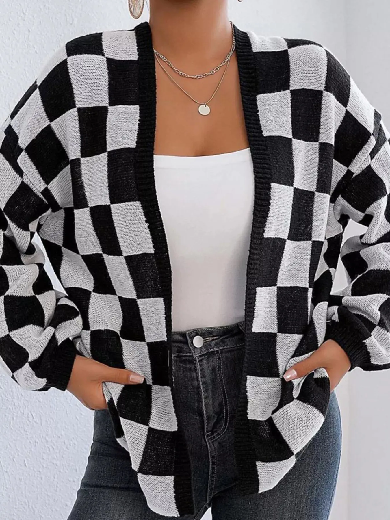 Checkerboard Pattern Open Front Knit Cardigan sold by Charming Charlie product image thumbnail 3