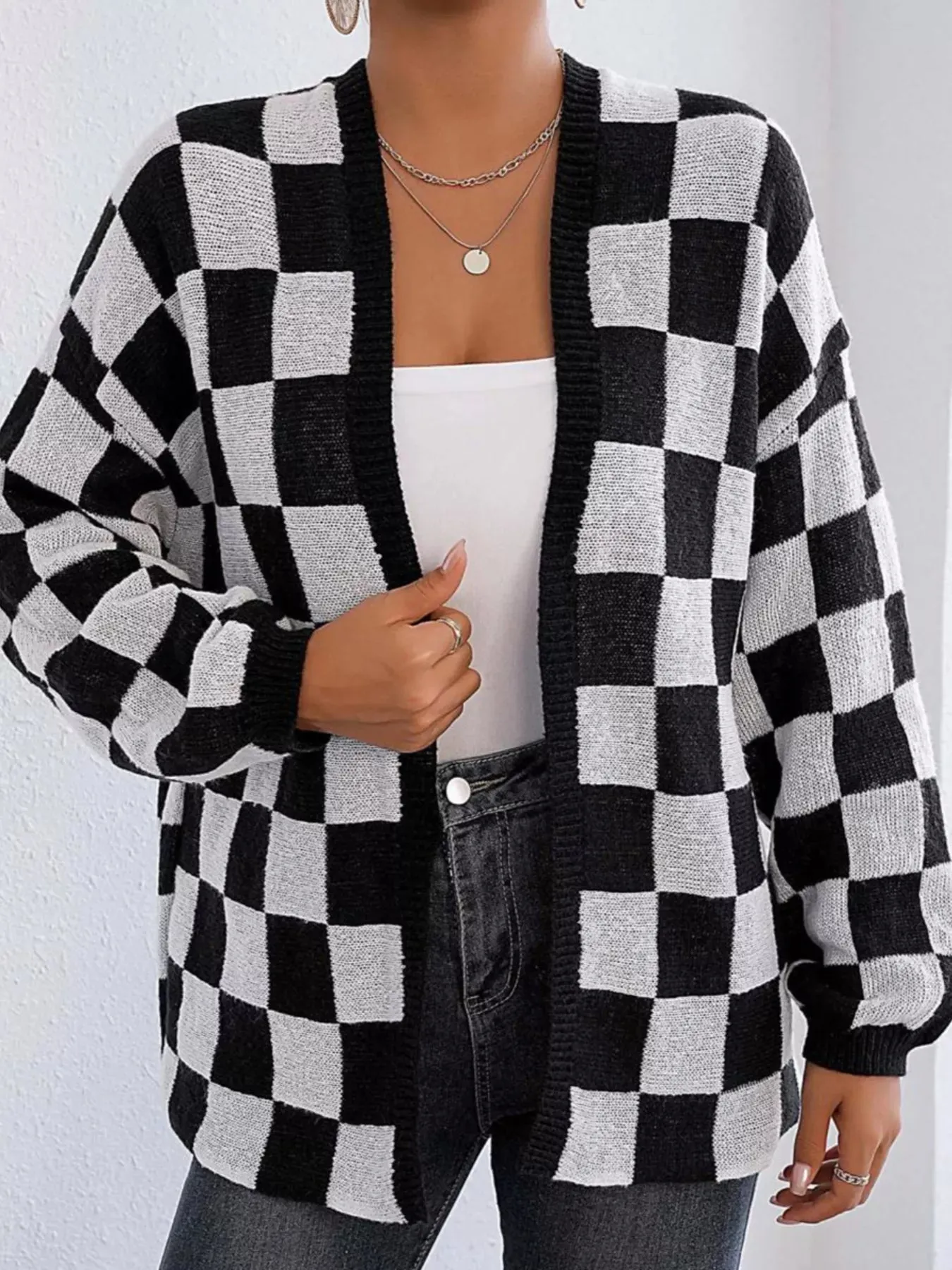Checkerboard Pattern Open Front Knit Cardigan sold by Charming Charlie product image thumbnail 4