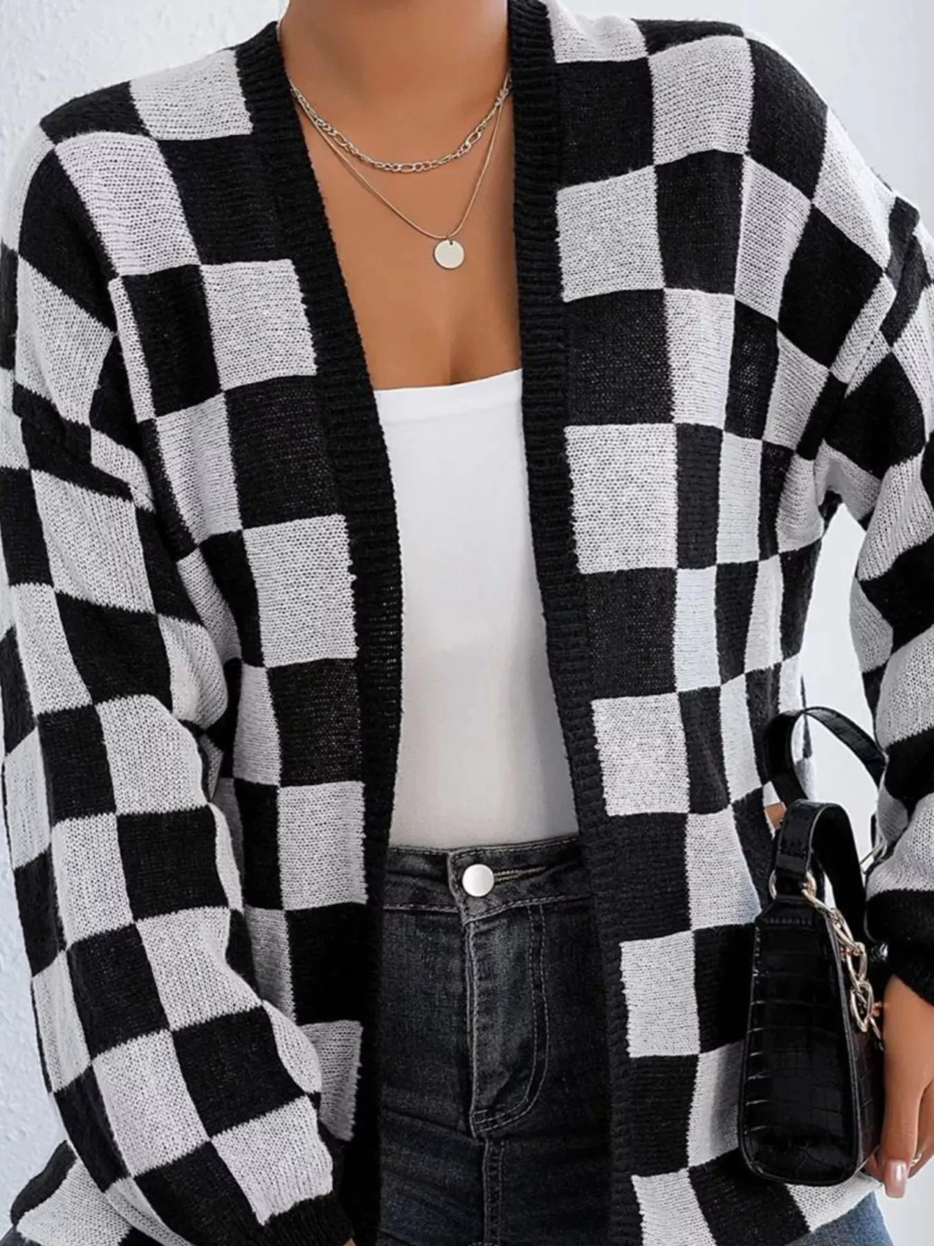 Checkerboard Pattern Open Front Knit Cardigan sold by Charming Charlie product image thumbnail 5