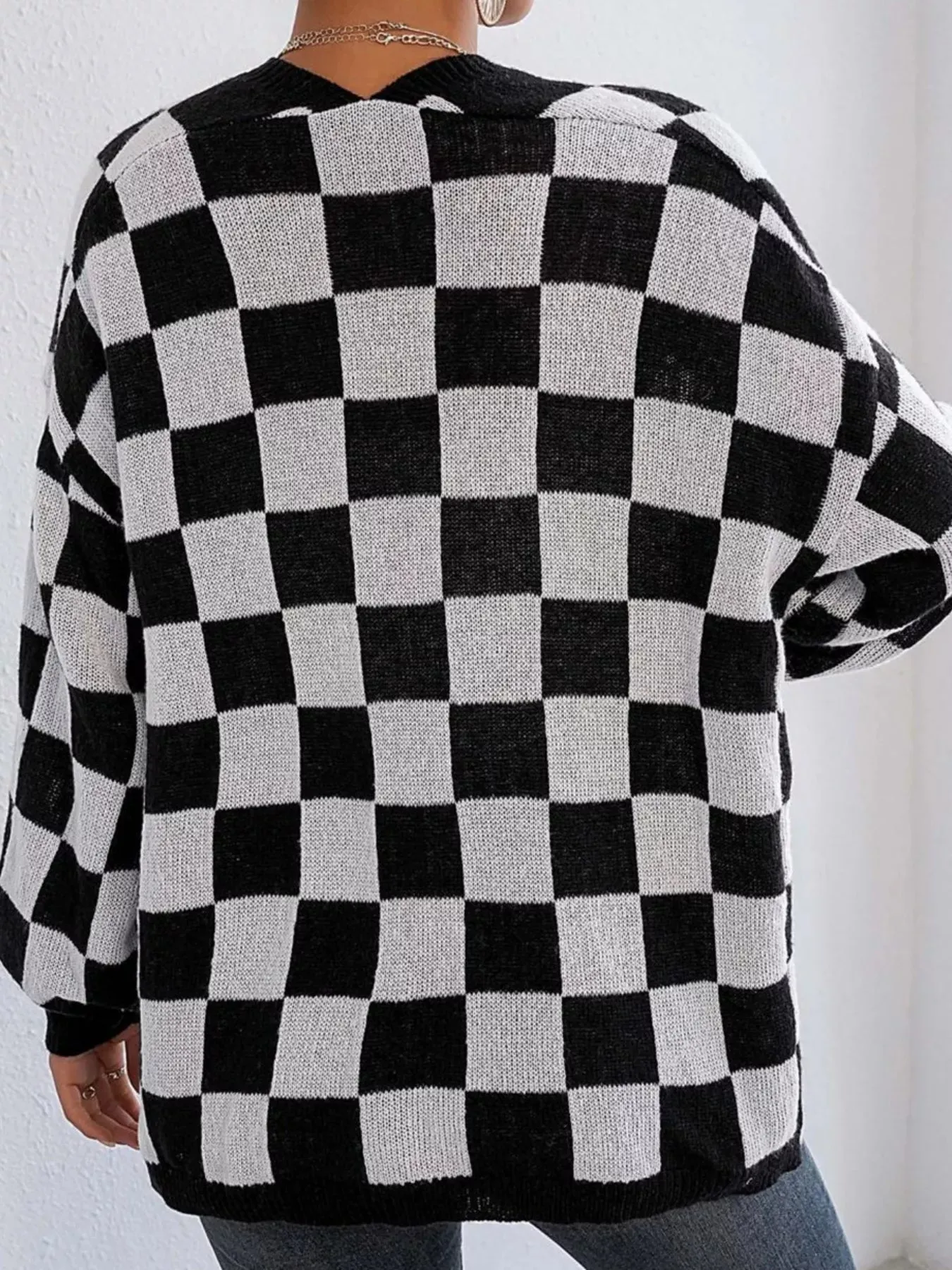 Checkerboard Pattern Open Front Knit Cardigan sold by Charming Charlie product image thumbnail 2