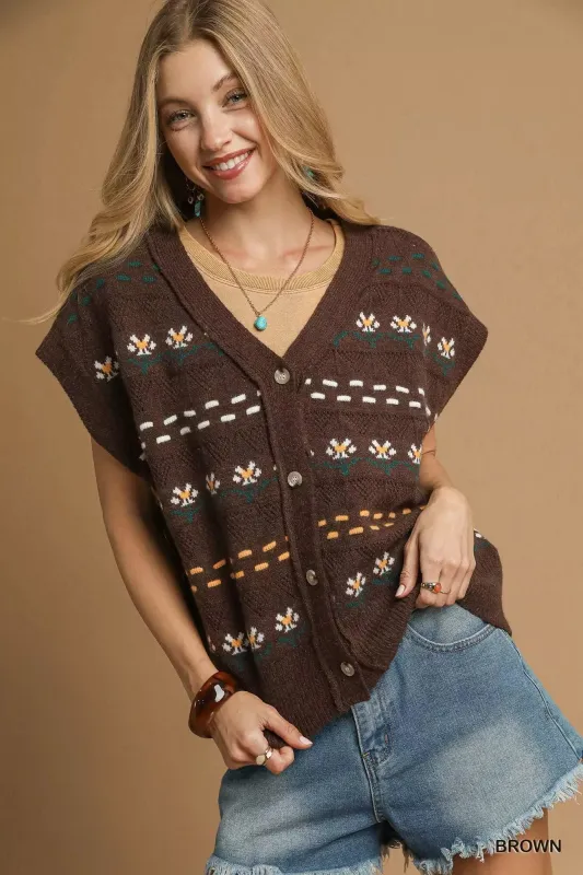 Umgee Button-Down Knit Vest with Floral Pattern sold by Charming Charlie
