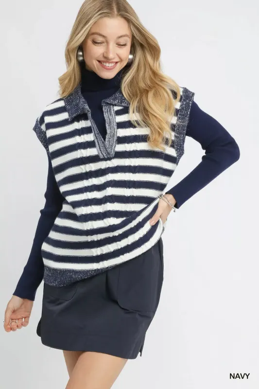 Umgee Cable Knit Collared Striped Vest Sweater sold by Charming Charlie
