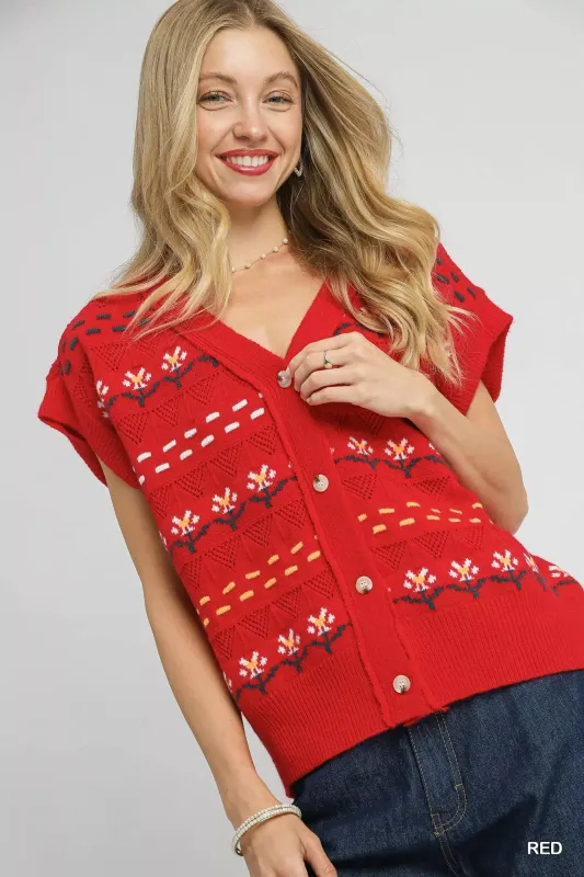 Umgee Button-Down Knit Vest with Floral Pattern sold by Charming Charlie
