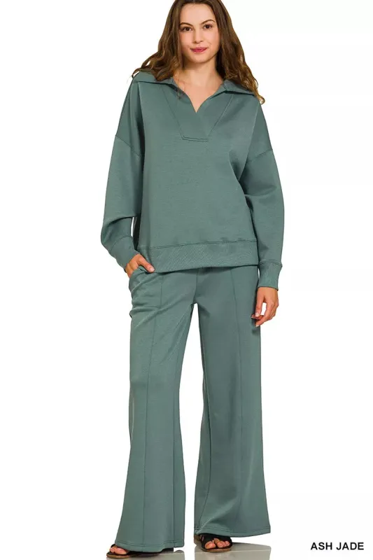 Zenana Scuba Collared Pullover and Pants Set sold by Charming Charlie