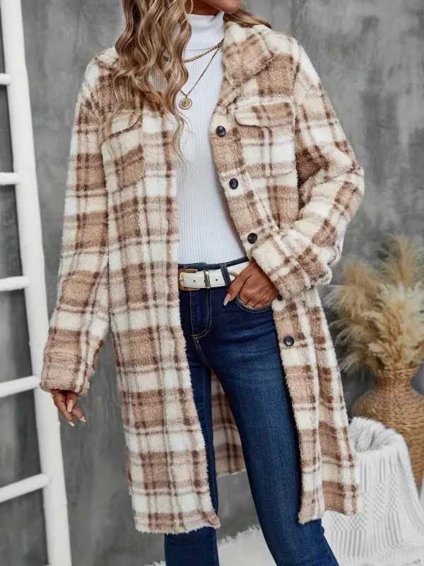 Plaid Fleece Button Up Longline Outerwear sold by Charming Charlie