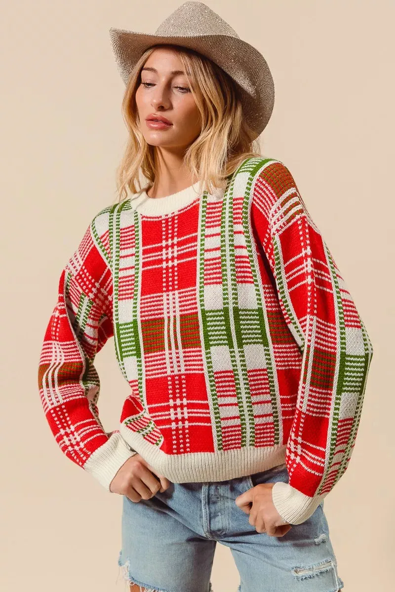 SO ME Christmas Color Checkered Plaid Crew Neck Sweater sold by Charming Charlie product image thumbnail 2