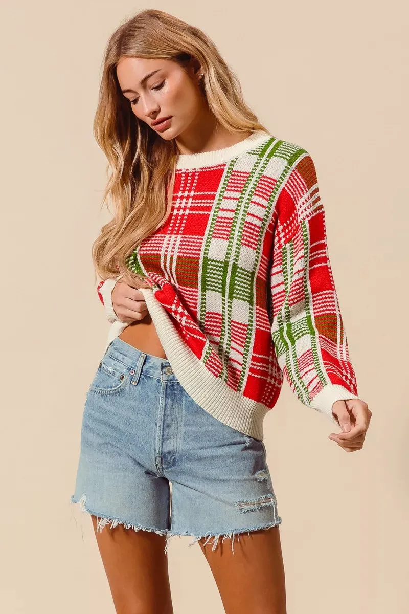 SO ME Christmas Color Checkered Plaid Crew Neck Sweater sold by Charming Charlie product image thumbnail 4