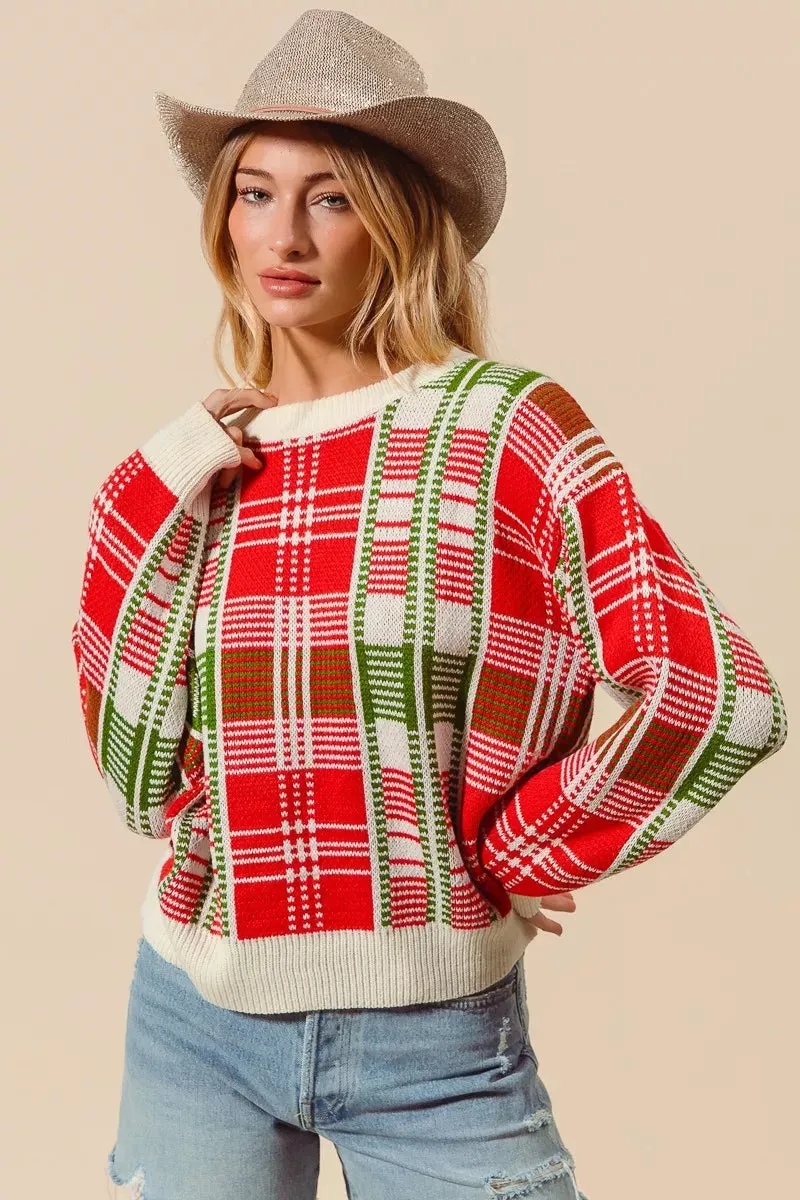SO ME Christmas Color Checkered Plaid Crew Neck Sweater sold by Charming Charlie