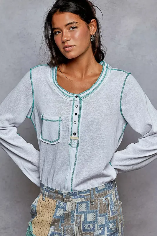POL Round Neck Long Sleeve Top with Contrast Stitching sold by Charming Charlie
