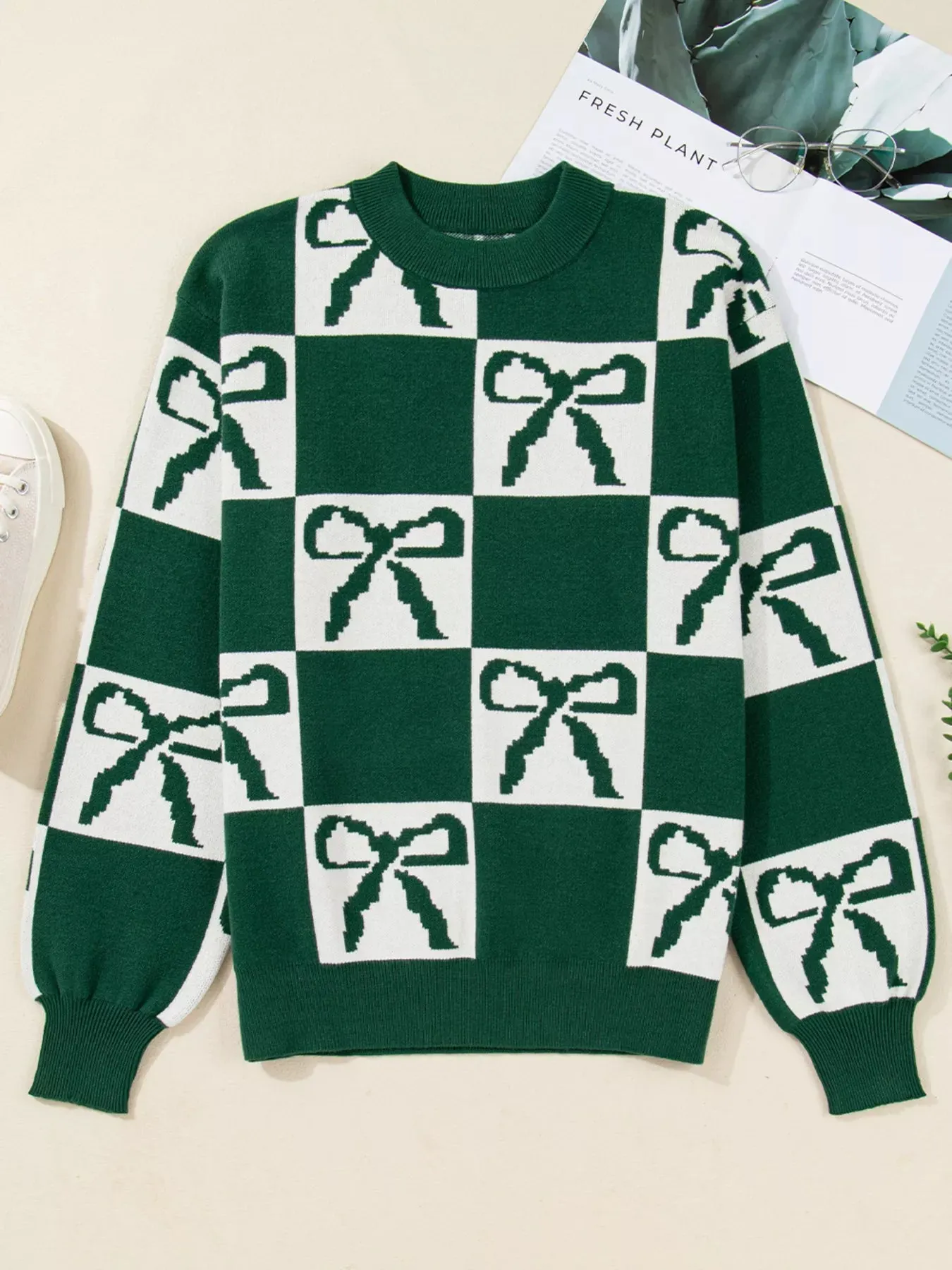 Checkered Bow Round Neck Casual Sweater sold by Charming Charlie product image thumbnail 3