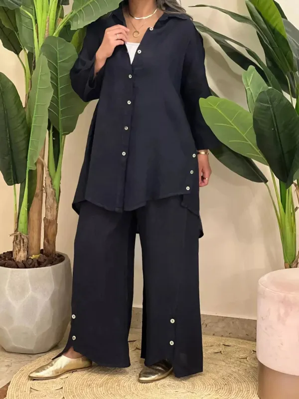 Full Size Button-Down Shirt and Wide-Leg Pants Set Plus Size sold by Charming Charlie