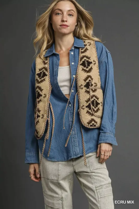 Umgee Mix Patterned Sherpa Tie-Front Vest sold by Charming Charlie