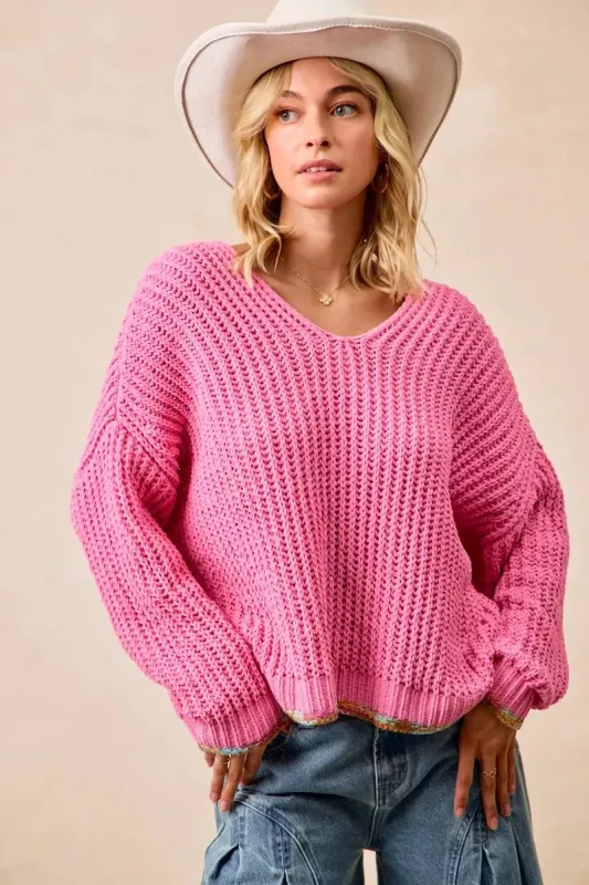 BiBi V-Neck Sweater with Colorful Trim sold by Charming Charlie