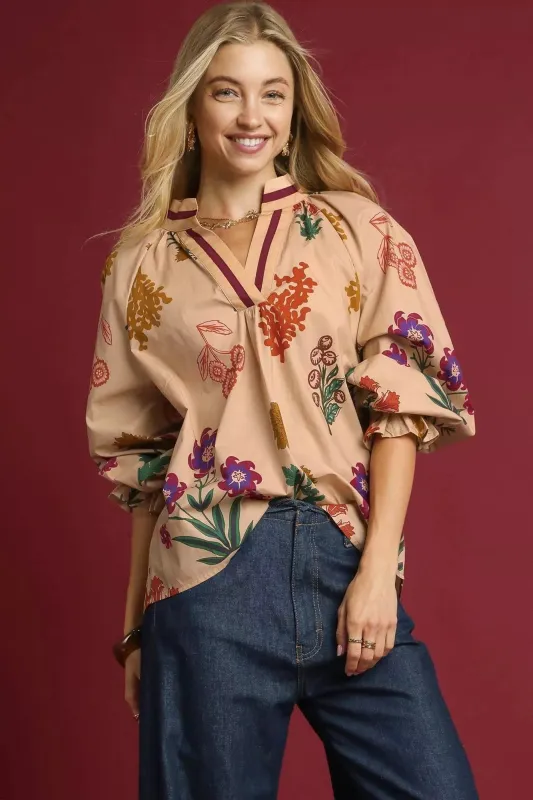 Umgee Floral Print Flounce Sleeve Blouse sold by Charming Charlie