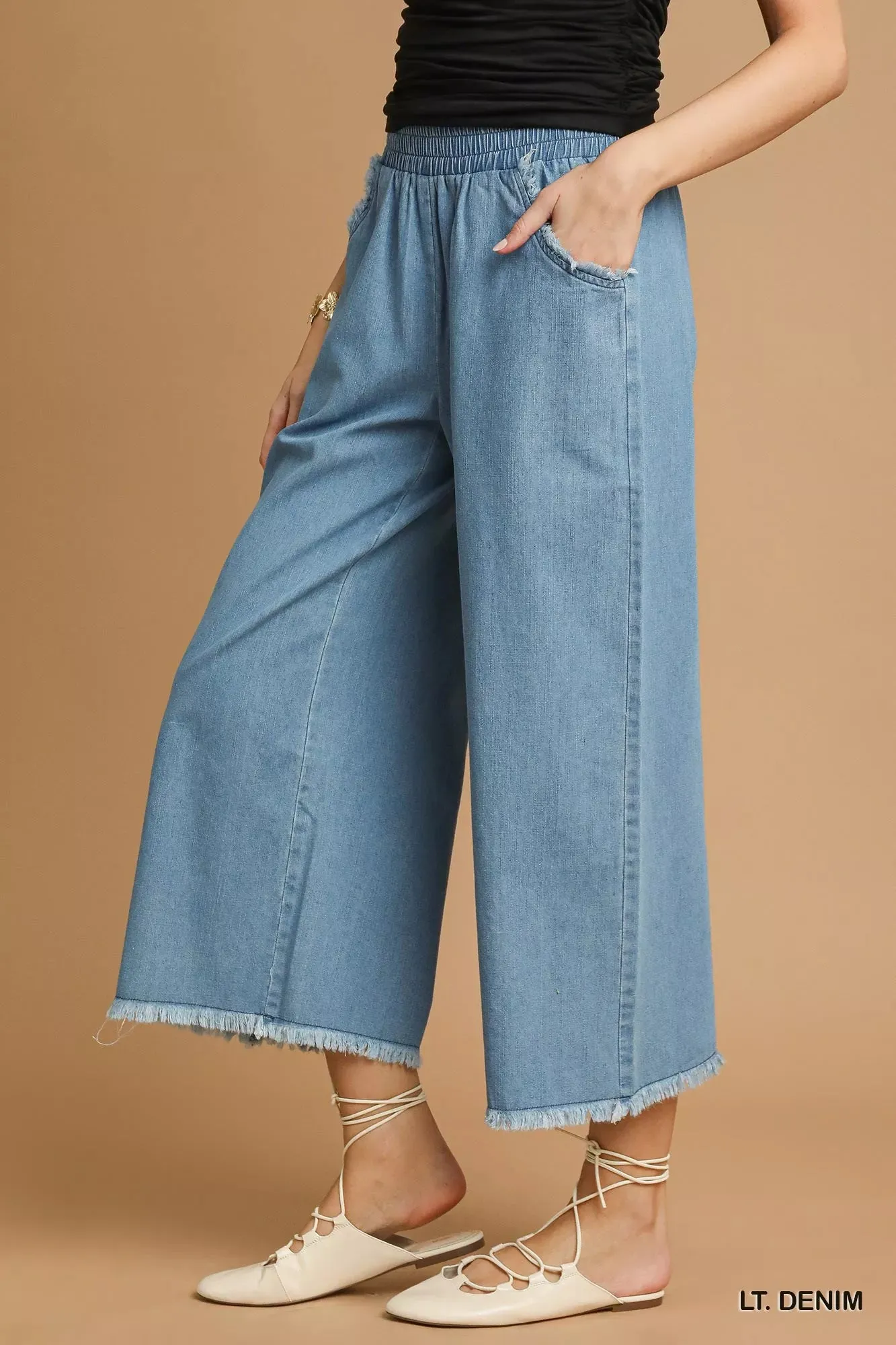 Umgee Washed Fringe Hem Wide Leg Jeans sold by Charming Charlie