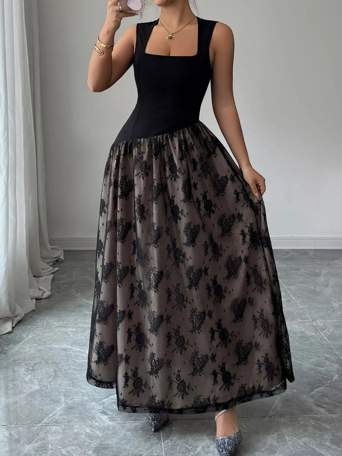 Square Neck Sleeveless Lace Maxi Dress sold by Charming Charlie product image thumbnail 3