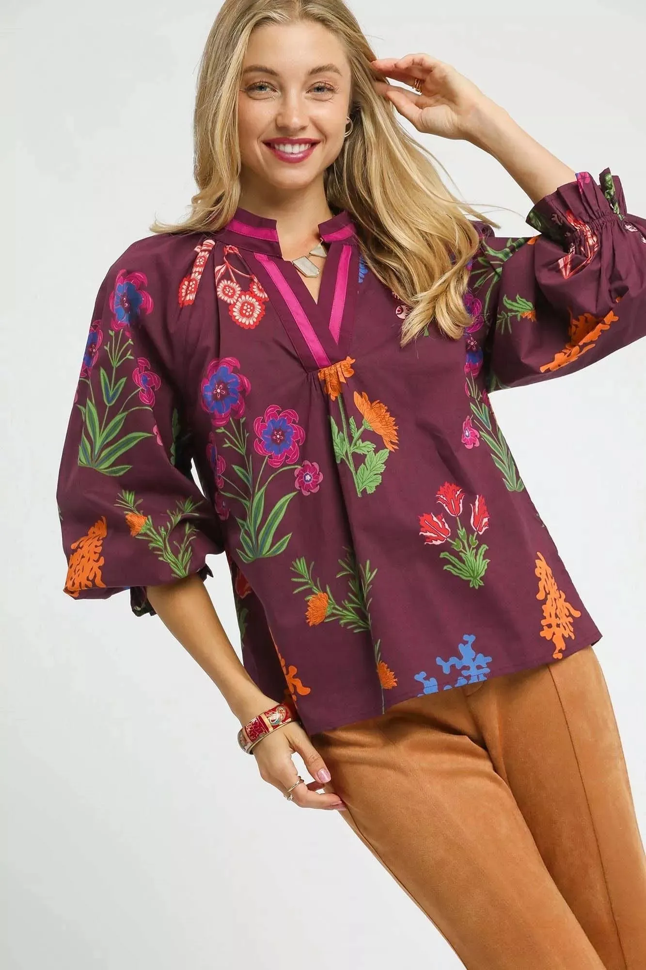 Umgee Floral Print Flounce Sleeve Blouse sold by Charming Charlie
