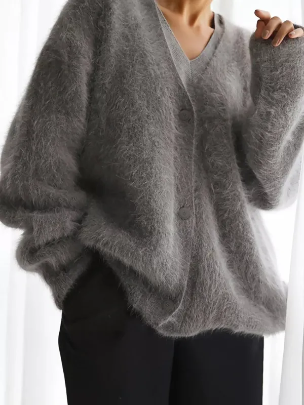 V Neck Button Down Fuzzy Knit Mohair Cardigan sold by Charming Charlie