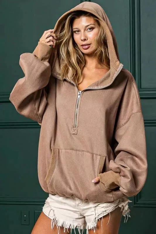 BiBi Stitch Detailed Elastic Hem Half Zip Fleece Hoodie sold by Charming Charlie