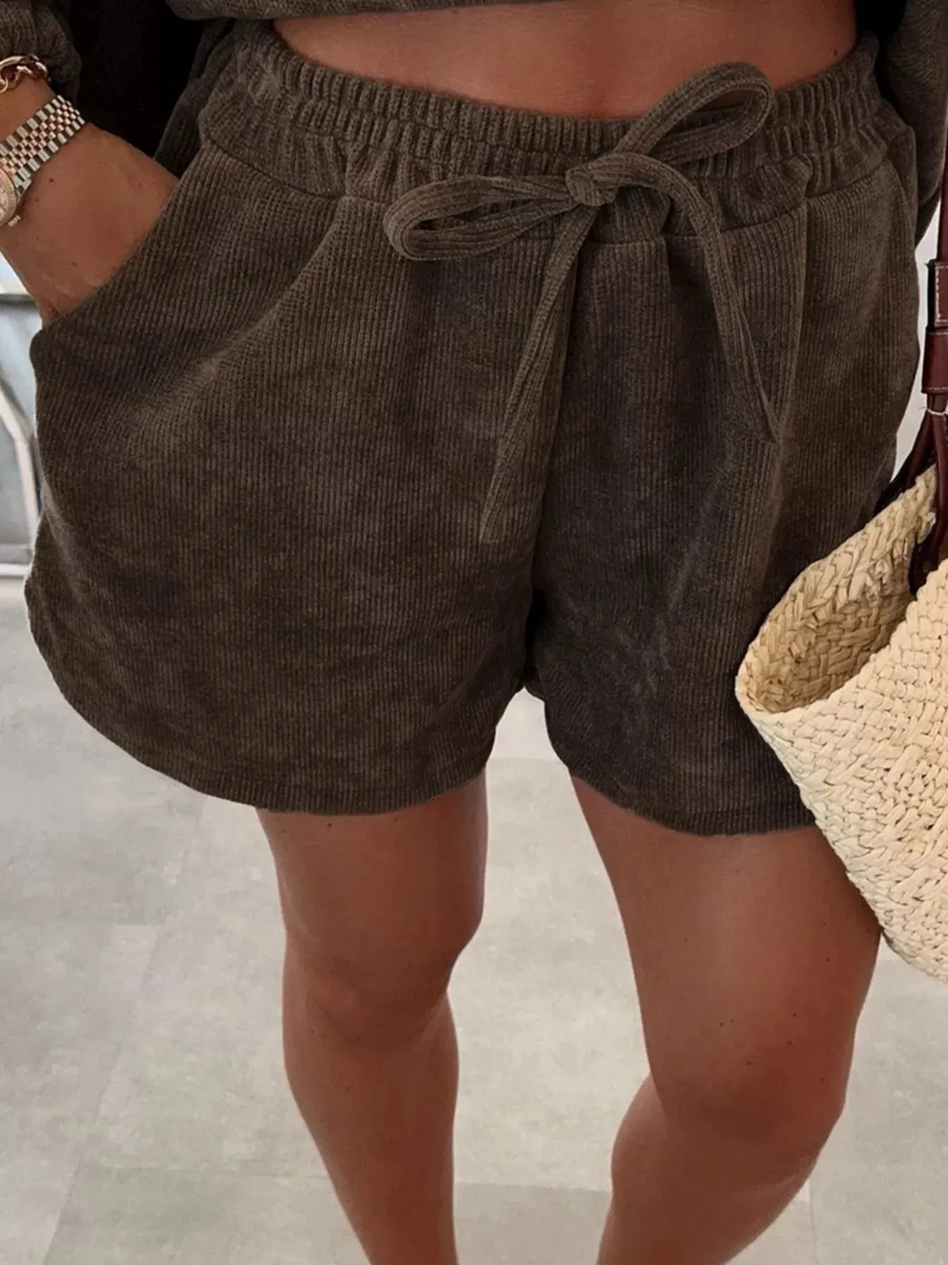 Casual Corduroy Long Sleeve Top and Drawstring Shorts Set sold by Charming Charlie product image thumbnail 2