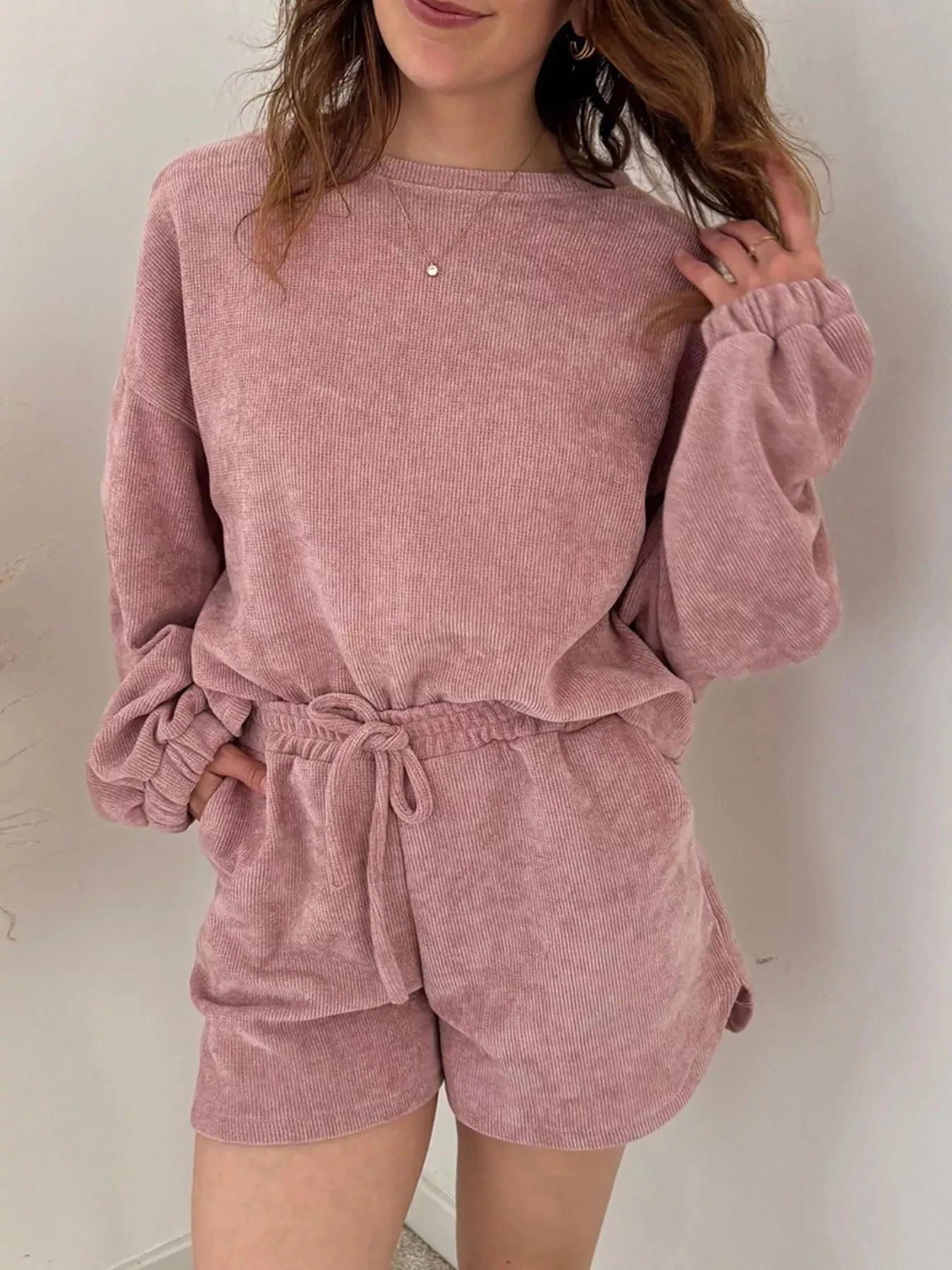 Round Neck Dropped Shoulder Top and Drawstring Shorts Set sold by Charming Charlie product image thumbnail 2