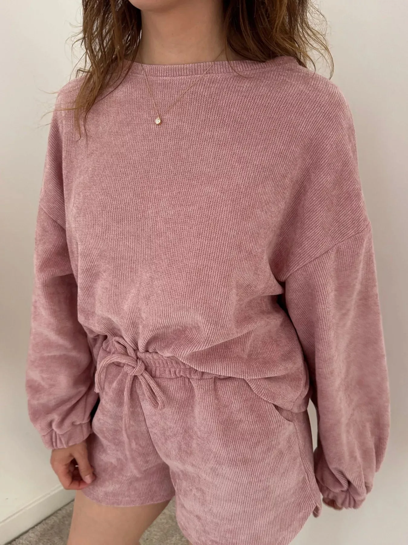 Round Neck Dropped Shoulder Top and Drawstring Shorts Set sold by Charming Charlie