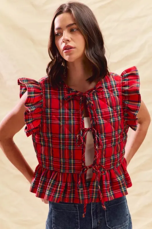 SO ME Christmas Holiday Plaid Ruffled Quilt Vest Top sold by Charming Charlie
