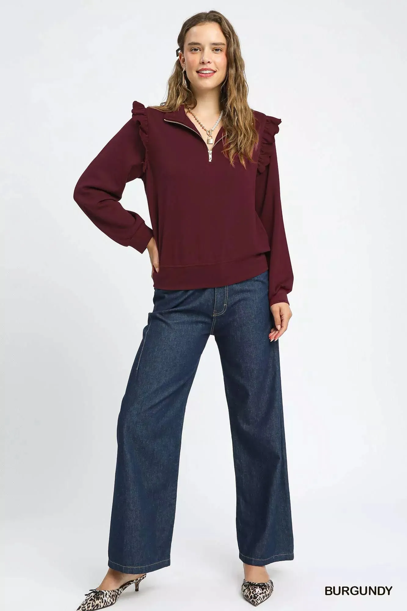 Umgee Luxeknit Ruffle Shoulder Quarter-Zip Sweatshirt sold by Charming Charlie product image thumbnail 4