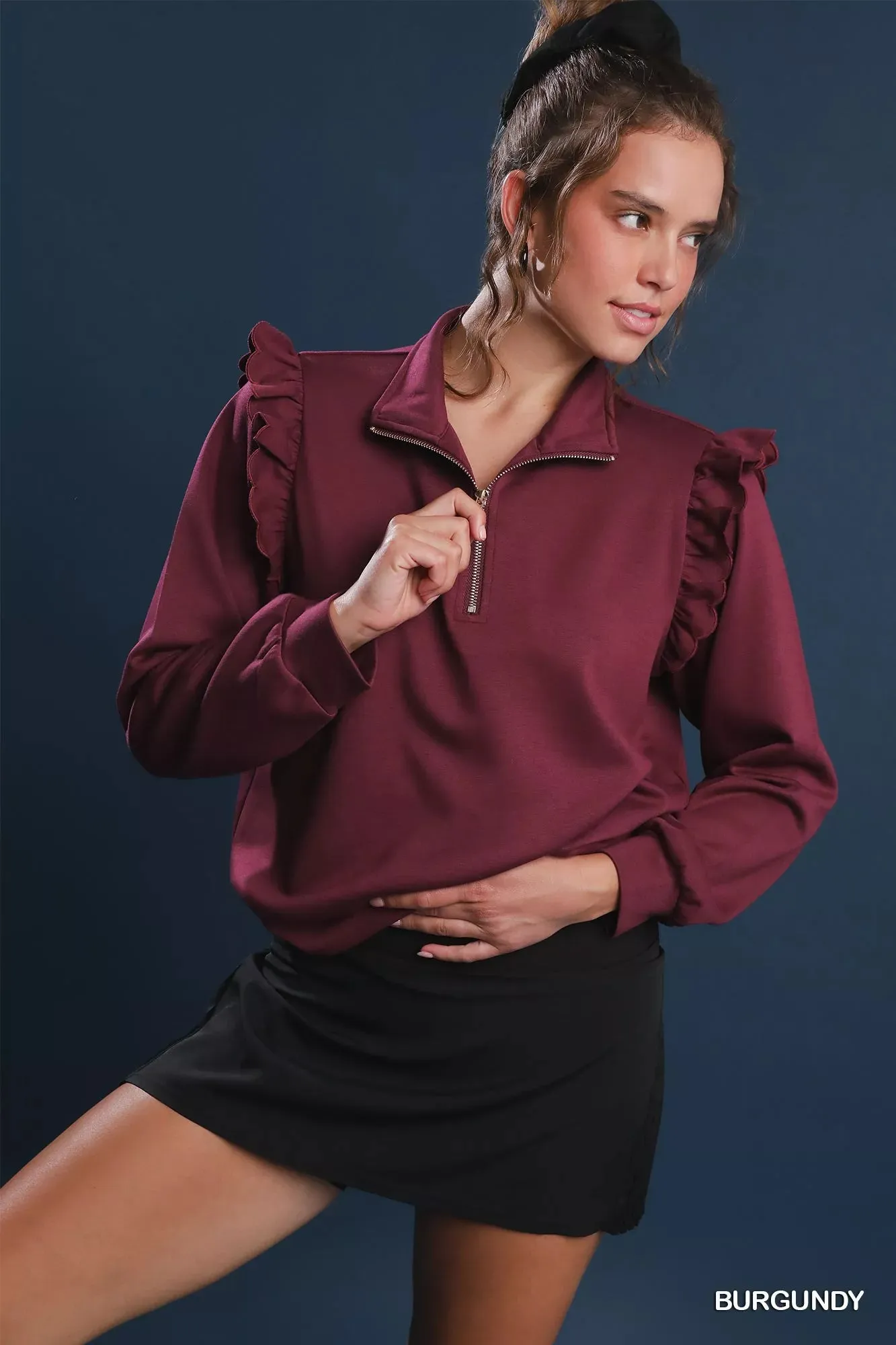 Umgee Luxeknit Ruffle Shoulder Quarter-Zip Sweatshirt sold by Charming Charlie product image thumbnail 2
