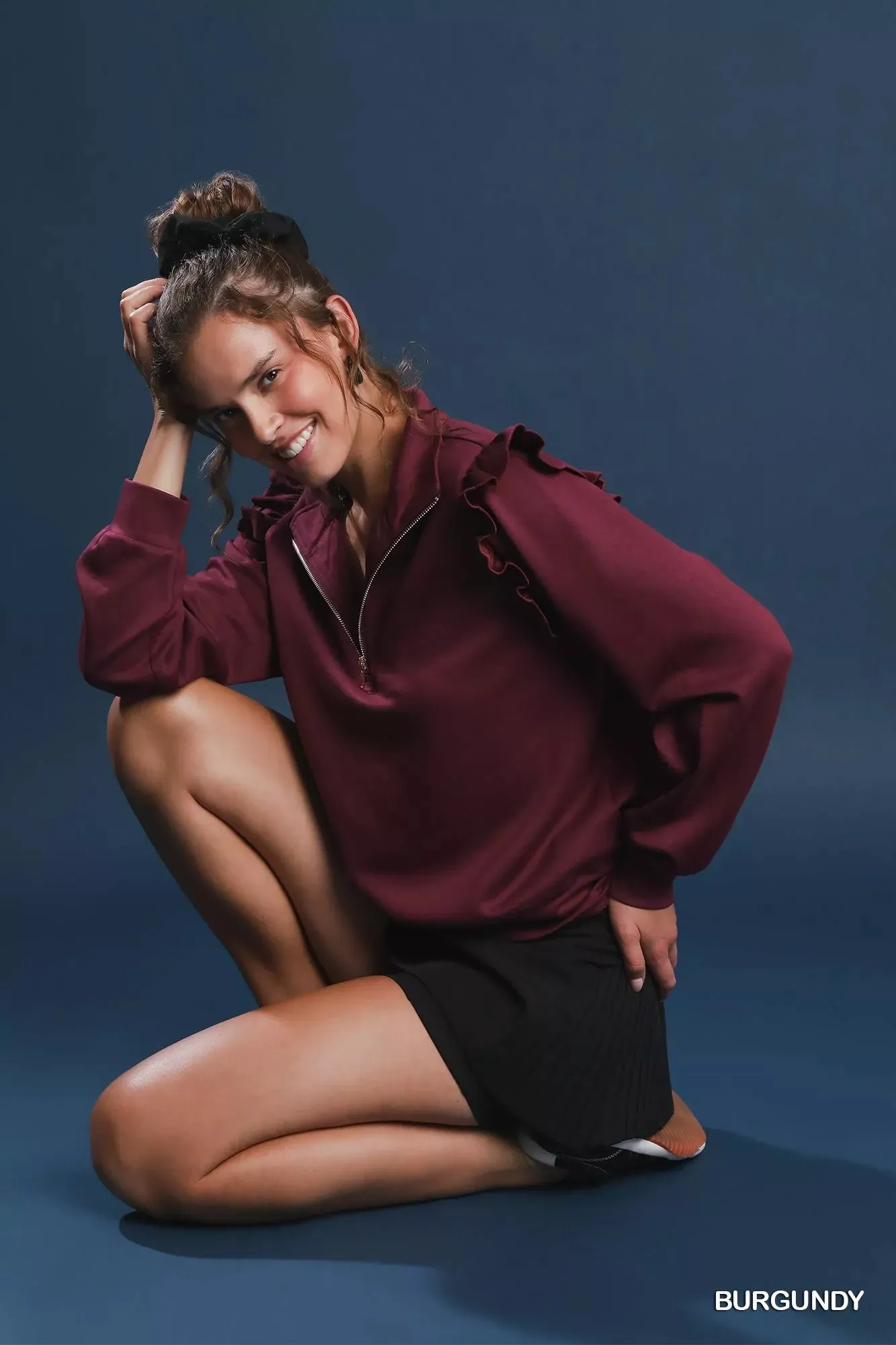 Umgee Luxeknit Ruffle Shoulder Quarter-Zip Sweatshirt sold by Charming Charlie product image thumbnail 3