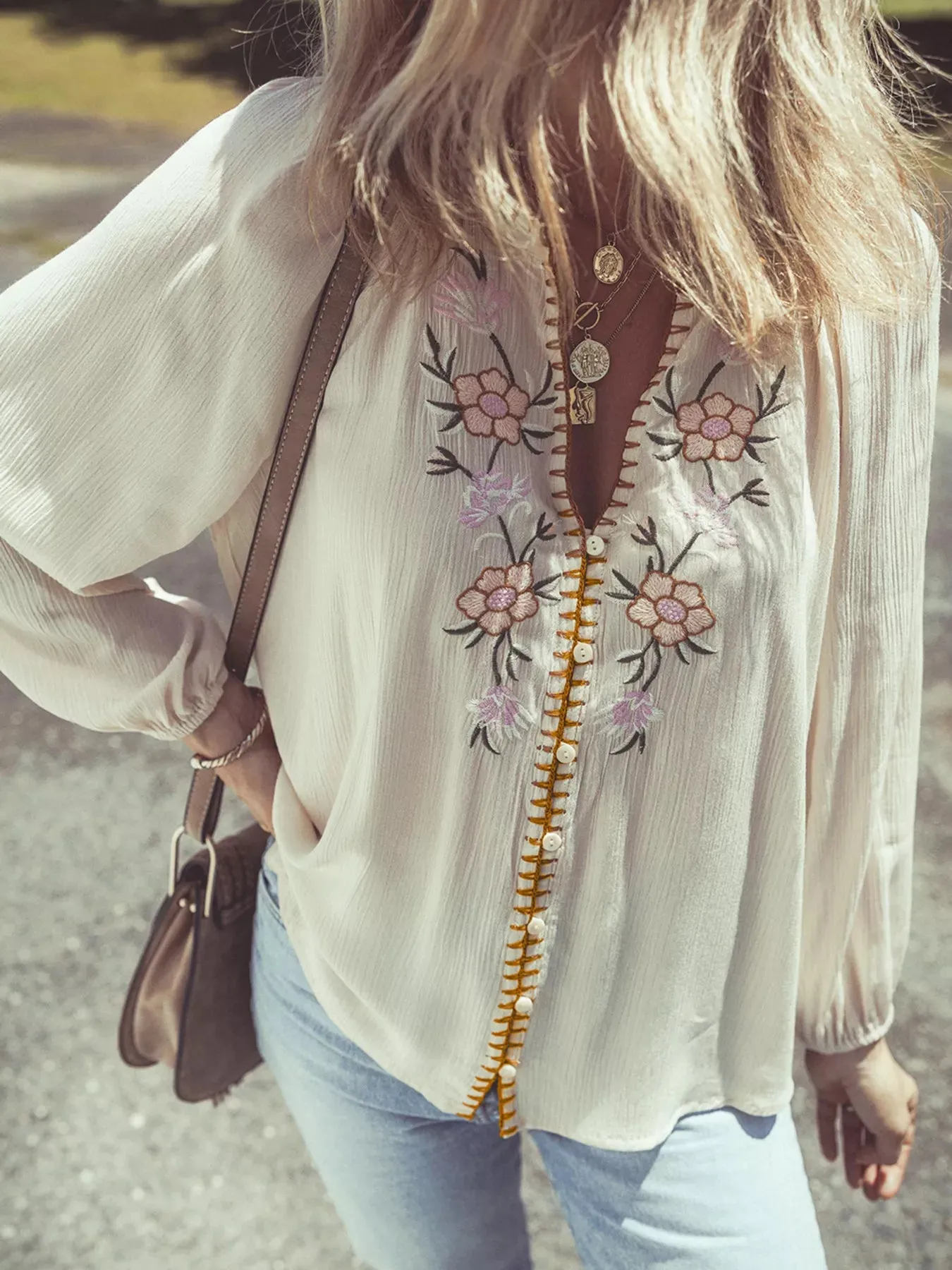 Floral Embroidered Textured Puff Sleeve Loose Shirt sold by Charming Charlie product image thumbnail 5