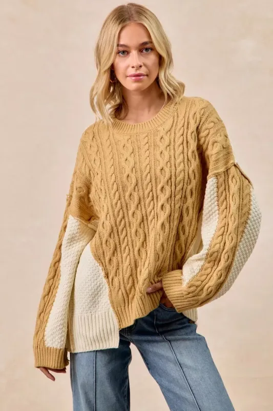 BiBi Cable Knit With Hacci Combo Sweater With Uneven Hem Detail sold by Charming Charlie