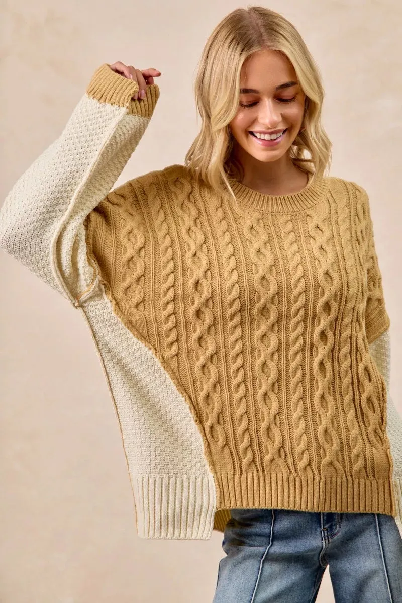 BiBi Cable Knit With Hacci Combo Sweater With Uneven Hem Detail sold by Charming Charlie product image thumbnail 3